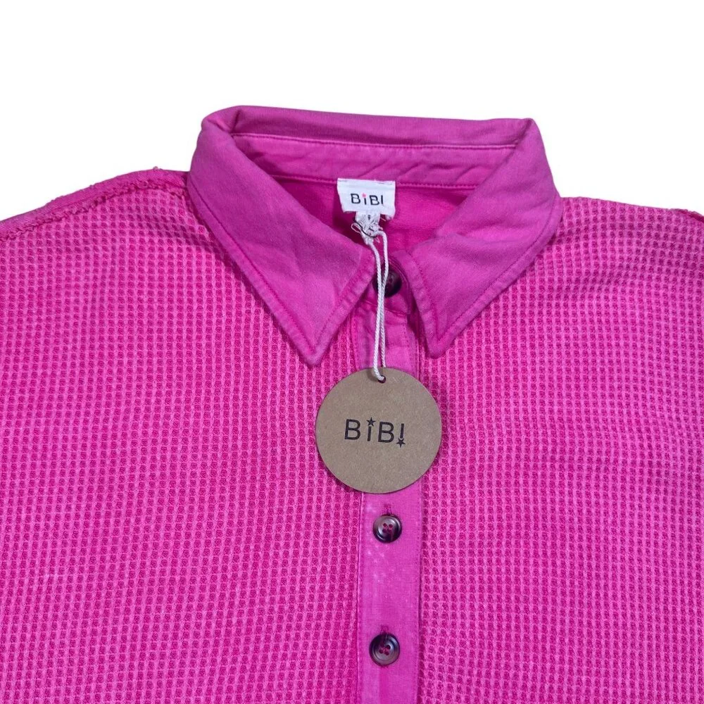 Women’s Waffle Knit Button-Up Mini Dress Pink Short Sleeve Size M NWT - Picture 6 of 8
